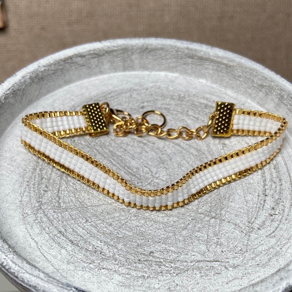 Gold  and White Loom Beaded Bracelet by The Bloom Design Studio